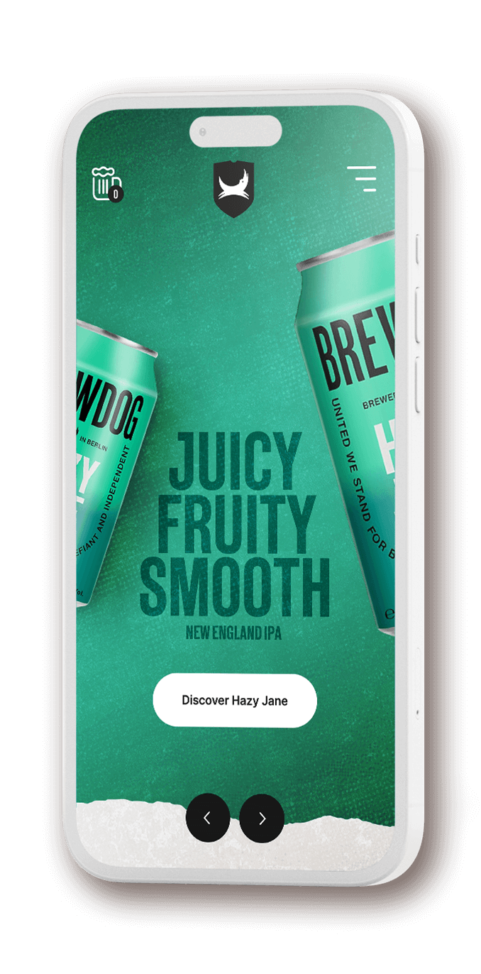 mock up of smartphone displaying brewdog website hazy jane section